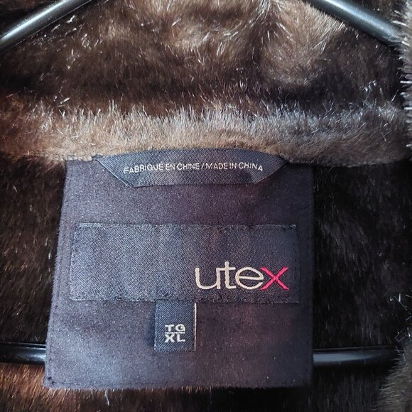 UTEX Black Ultrasuede Brown Faux Fur Trim Coat Women's Xlarge - Picture 4 of 12